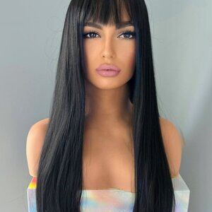 Long Black 24 inch Silky Straight Synthetic Wig with Bangs